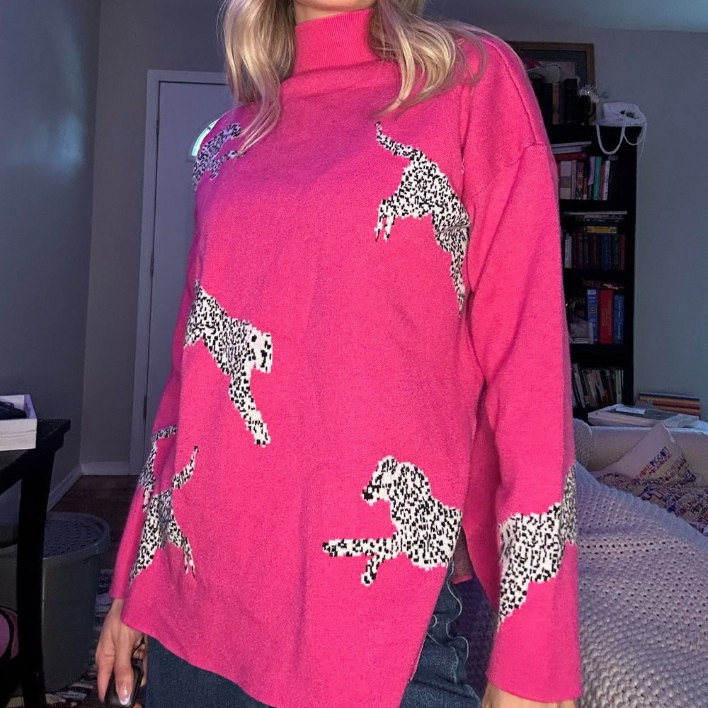 SHEIN Hot Pink Leopard Pattern Turtleneck Sweater